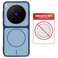 Blue back cover for Vivo X300 Pro 5G with printed ring pattern and message showing not compatible with MagSafe charging.