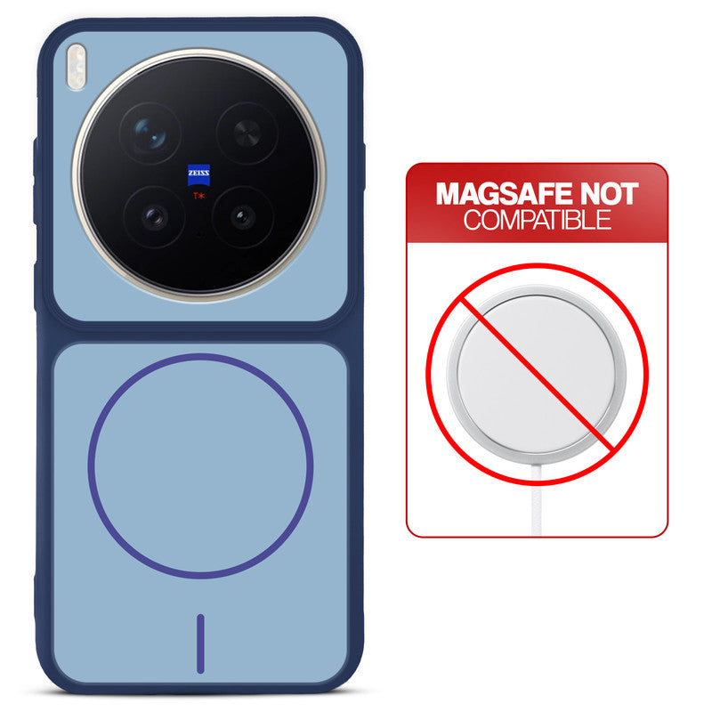 Blue back cover for Vivo X300 Pro 5G with printed ring pattern and message showing not compatible with MagSafe charging.