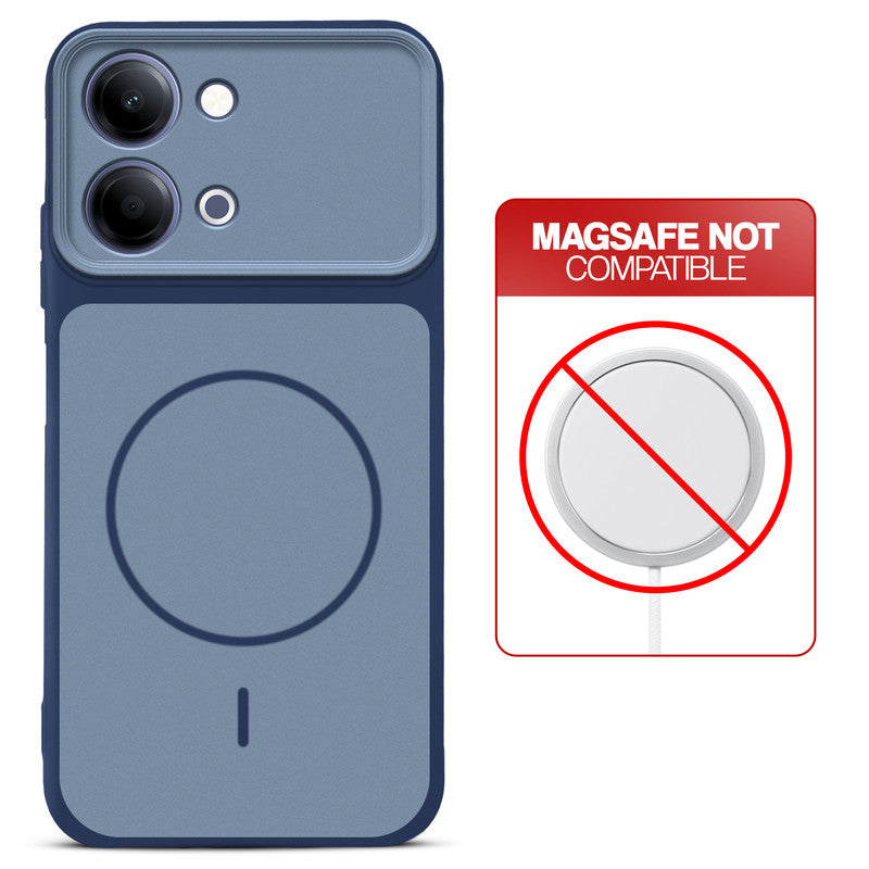 Blue back cover for Vivo Y05 4G with printed ring pattern and message showing not compatible with MagSafe charging.