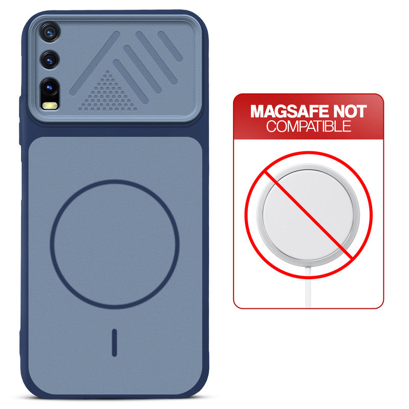 Blue back cover for Vivo Y20 with printed ring pattern and message showing not compatible with MagSafe charging.