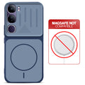 Blue back cover for Vivo Y300 5G with printed ring pattern and message showing not compatible with MagSafe charging.