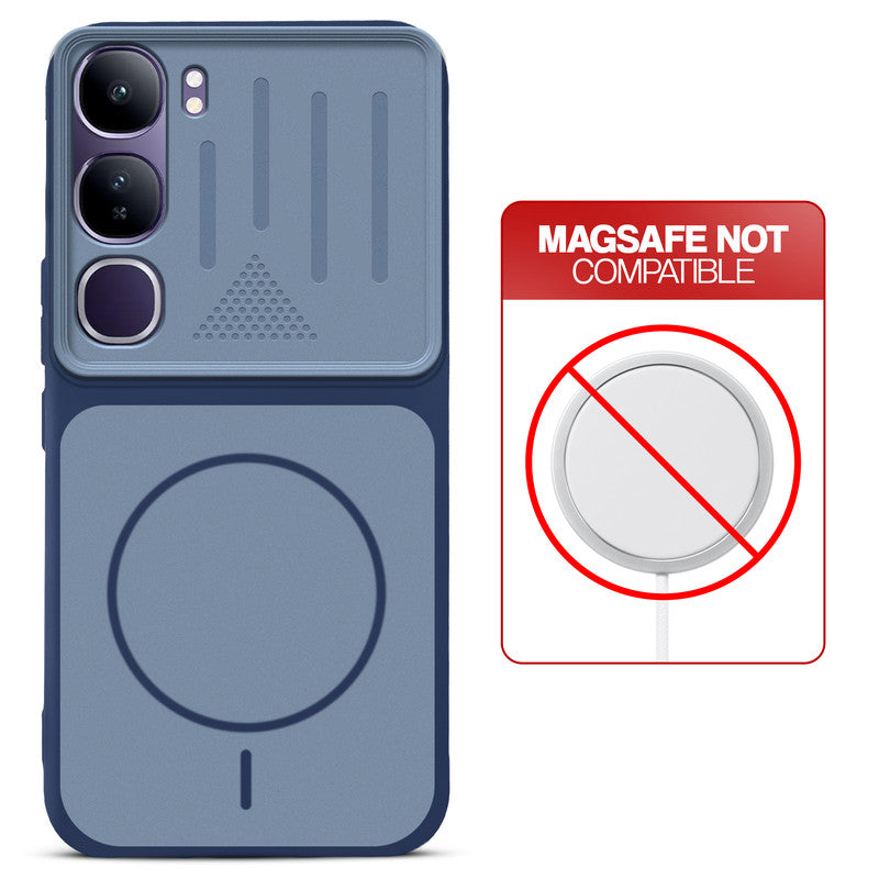 Blue back cover for Vivo Y300 5G with printed ring pattern and message showing not compatible with MagSafe charging.
