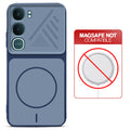 Blue back cover for Vivo Y31 Pro 5G with printed ring pattern and message showing not compatible with MagSafe charging.