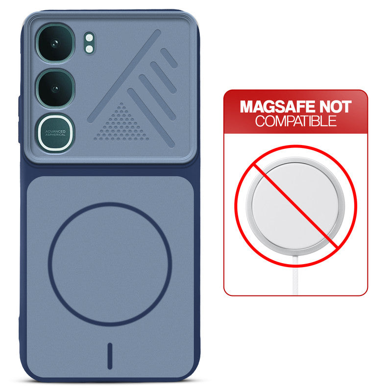 Blue back cover for Vivo Y31 Pro 5G with printed ring pattern and message showing not compatible with MagSafe charging.