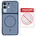 Blue back cover for Vivo Y31 5G with printed ring pattern and message showing not compatible with MagSafe charging.