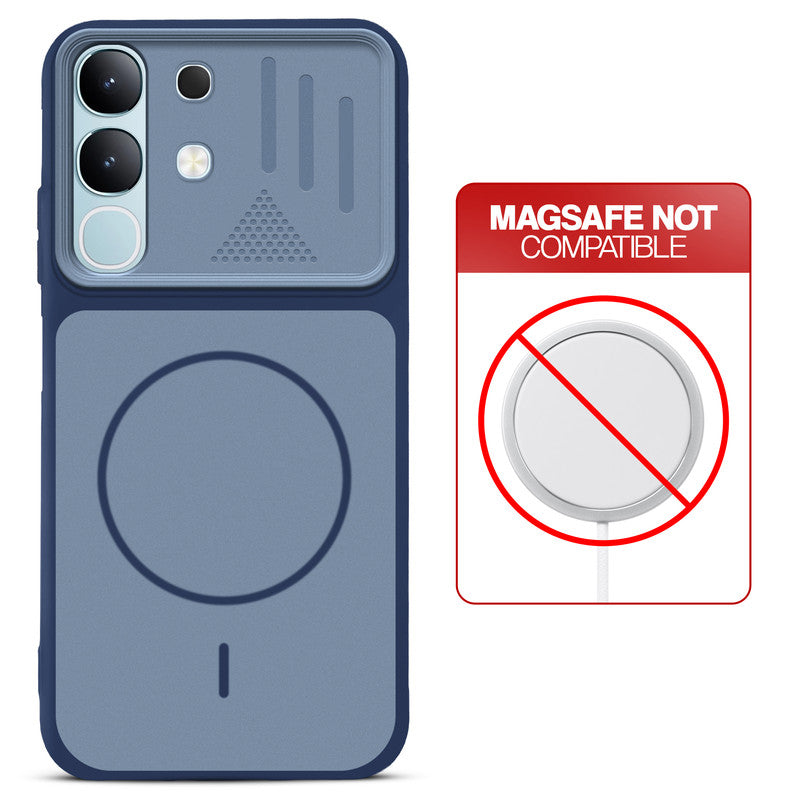 Blue back cover for Vivo Y31 5G with printed ring pattern and message showing not compatible with MagSafe charging.