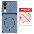 Blue back cover for Vivo Y400 5G with printed ring pattern and message showing not compatible with MagSafe charging.