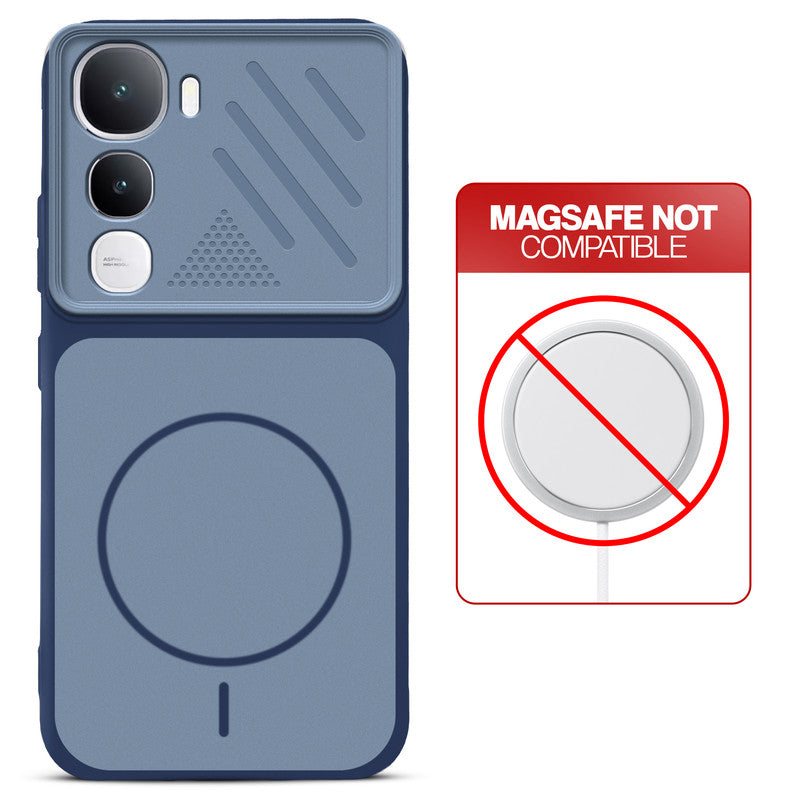 Blue back cover for Vivo Y400 5G with printed ring pattern and message showing not compatible with MagSafe charging.