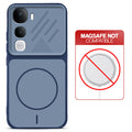 Blue back cover for Vivo Y400 Pro 5G with printed ring pattern and message showing not compatible with MagSafe charging.