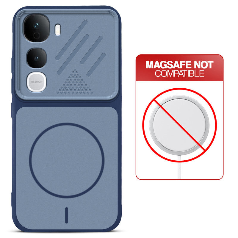Blue back cover for Vivo Y400 Pro 5G with printed ring pattern and message showing not compatible with MagSafe charging.