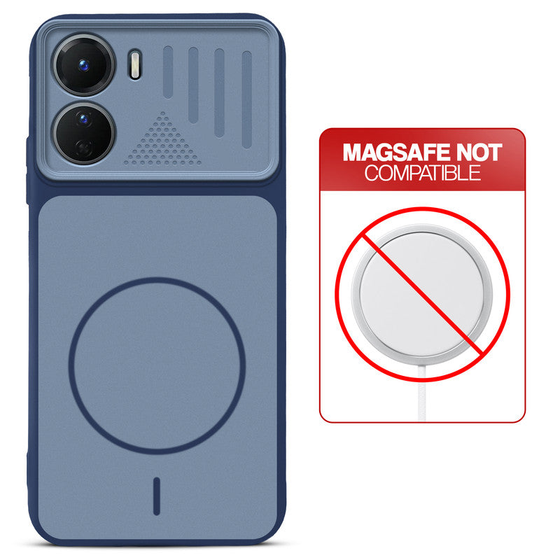 Blue back cover for Vivo Y56 5G with printed ring pattern and message showing not compatible with MagSafe charging.
