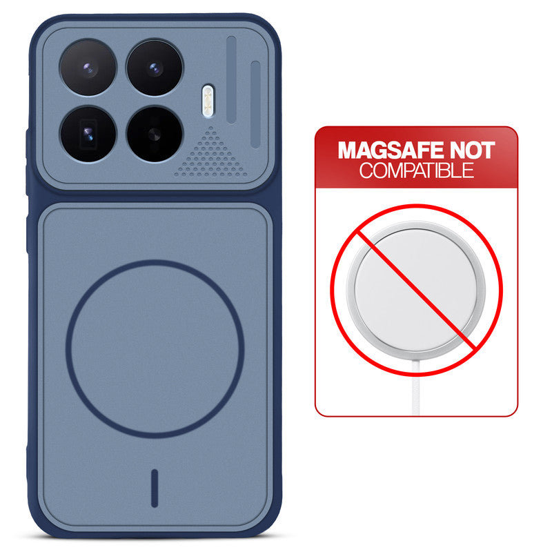 Blue back cover for Xiaomi 17T 5G with printed ring pattern and message showing not compatible with MagSafe charging.