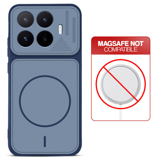 Blue back cover for Xiaomi 17T 5G with printed ring pattern and message showing not compatible with MagSafe charging.
