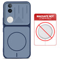 Blue back cover for iQOO Z10R 5G with printed ring pattern and message showing not compatible with MagSafe charging.