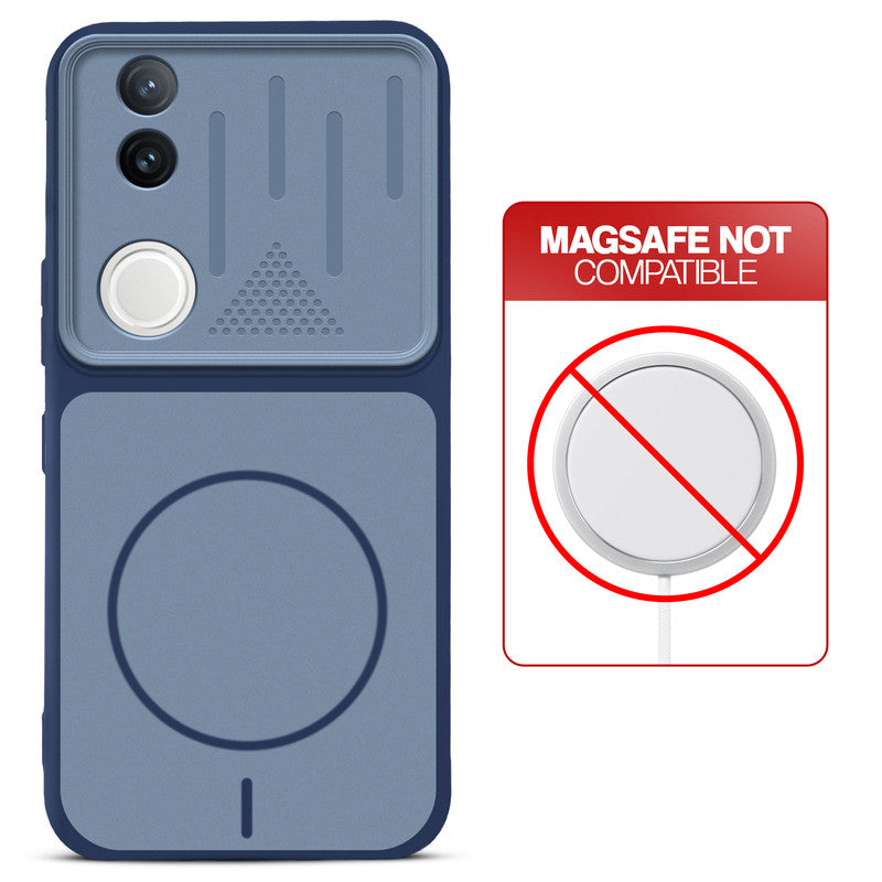 Blue back cover for iQOO Z10R 5G with printed ring pattern and message showing not compatible with MagSafe charging.