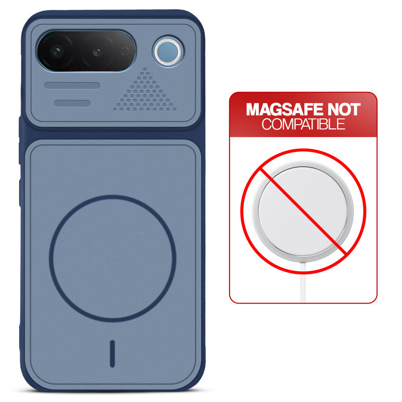 Blue back cover for iQOO Z11 5G with printed ring pattern and message showing not compatible with MagSafe charging.