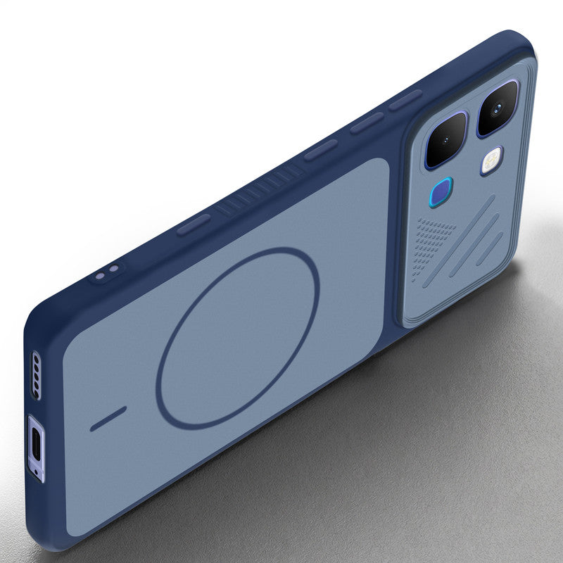 Angled view of Blue mobile case for Infinix Note Edge with proper charging port cutout, speaker holes and strong corner protection.