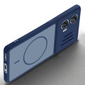 Angled view of Blue mobile case for Motorola Moto G85 5G with proper charging port cutout, speaker holes and strong corner protection.