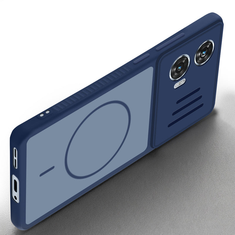 Angled view of Blue mobile case for Motorola Moto G85 5G with proper charging port cutout, speaker holes and strong corner protection.