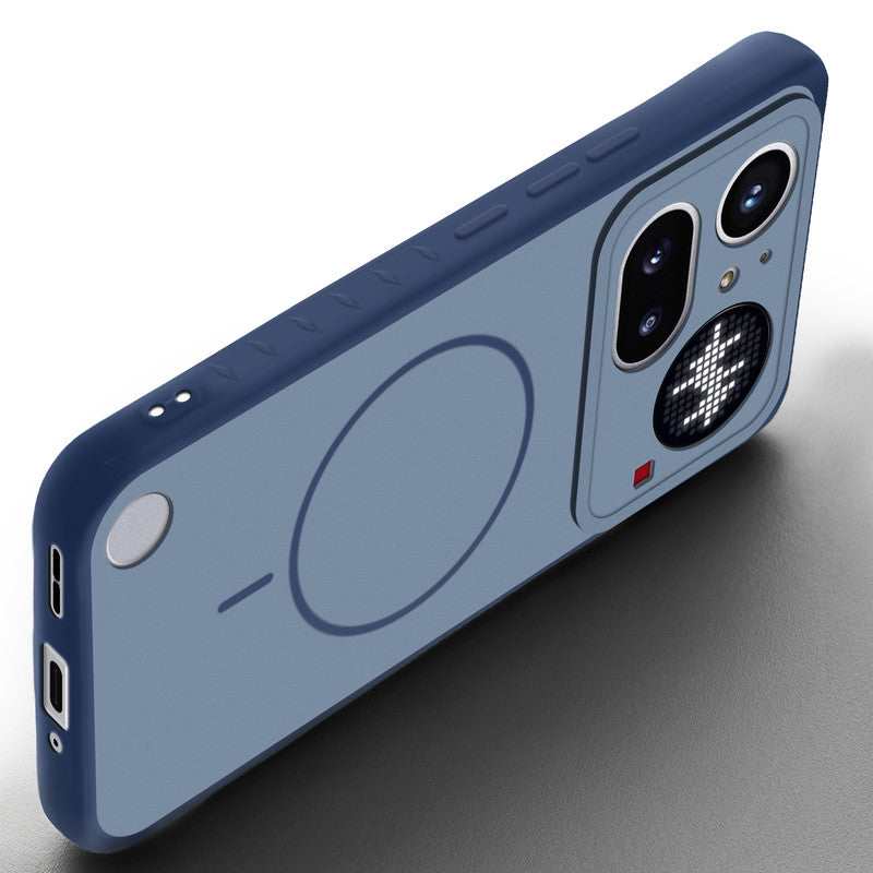 Angled view of Blue mobile case for Nothing Phone 4A Pro 5G with proper charging port cutout, speaker holes and strong corner protection.