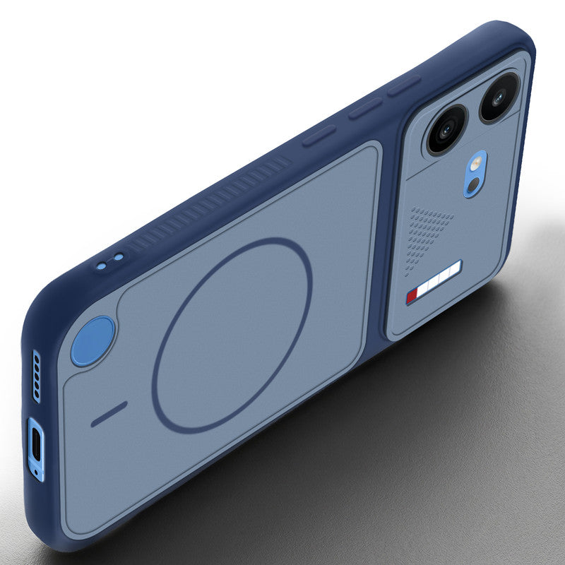 Angled view of Blue mobile case for Nothing Phone 4B 5G with proper charging port cutout, speaker holes and strong corner protection.