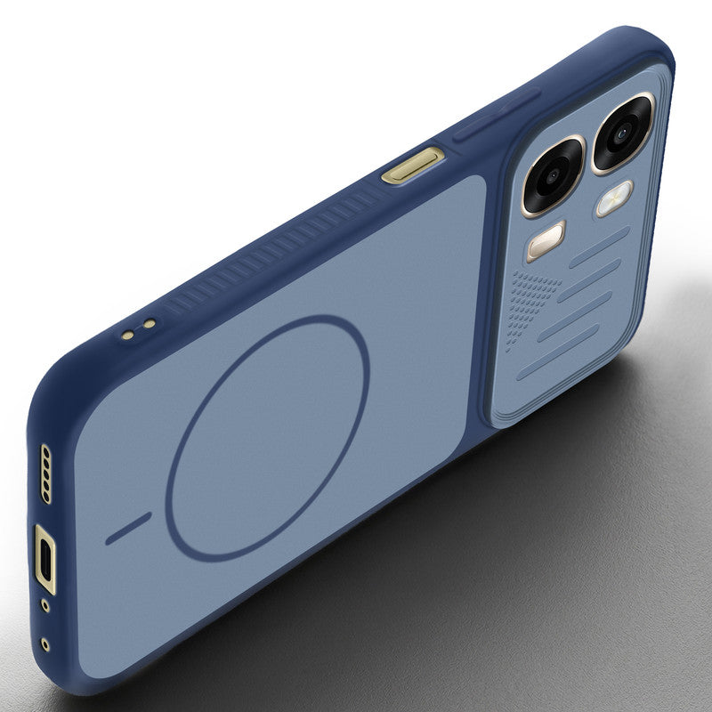 Angled view of Blue mobile case for Oppo A6 Pro 5G with proper charging port cutout, speaker holes and strong corner protection.
