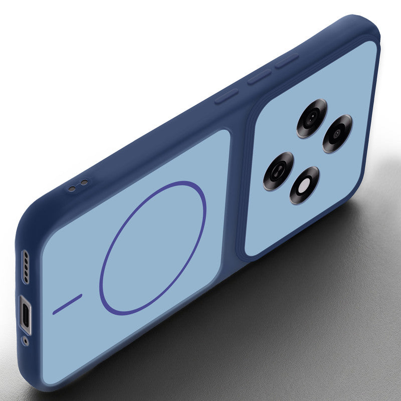 Angled view of Blue mobile case for Oppo F31 Pro 5G with proper charging port cutout, speaker holes and strong corner protection.