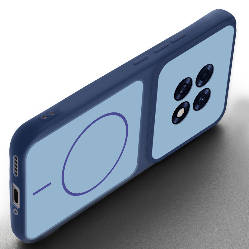 Angled view of Blue mobile case for Oppo F31 Pro Plus 5G with proper charging port cutout, speaker holes and strong corner protection.