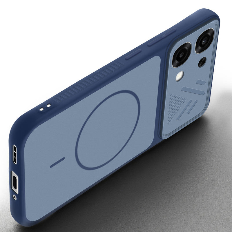 Angled view of Blue mobile case for Oppo F33 5G with proper charging port cutout, speaker holes and strong corner protection.