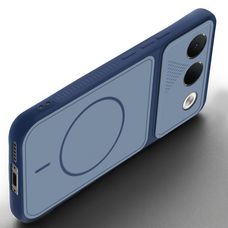 Angled view of Blue mobile case for Oppo F35 5G with proper charging port cutout, speaker holes and strong corner protection.