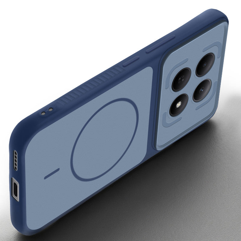 Angled view of Blue mobile case for Poco M8 5G with proper charging port cutout, speaker holes and strong corner protection.