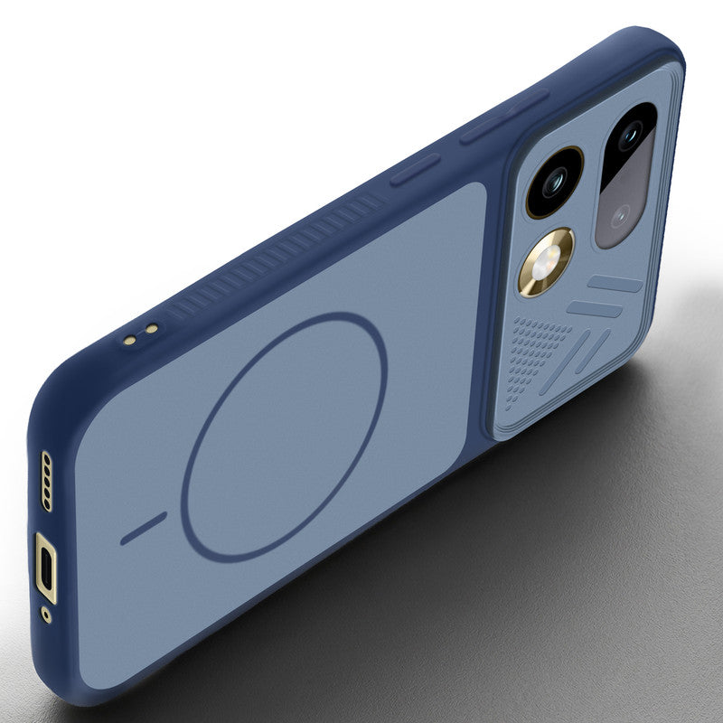 Angled view of Blue mobile case for Realme 16 Pro 5G with proper charging port cutout, speaker holes and strong corner protection.