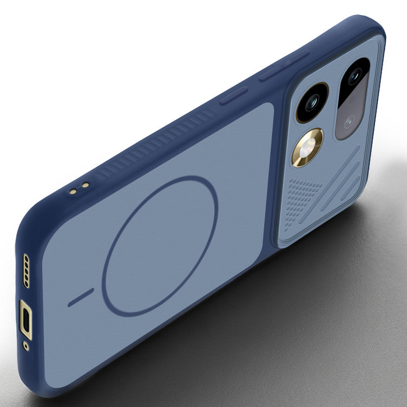 Angled view of Blue mobile case for Realme 16 Pro Plus 5G with proper charging port cutout, speaker holes and strong corner protection.