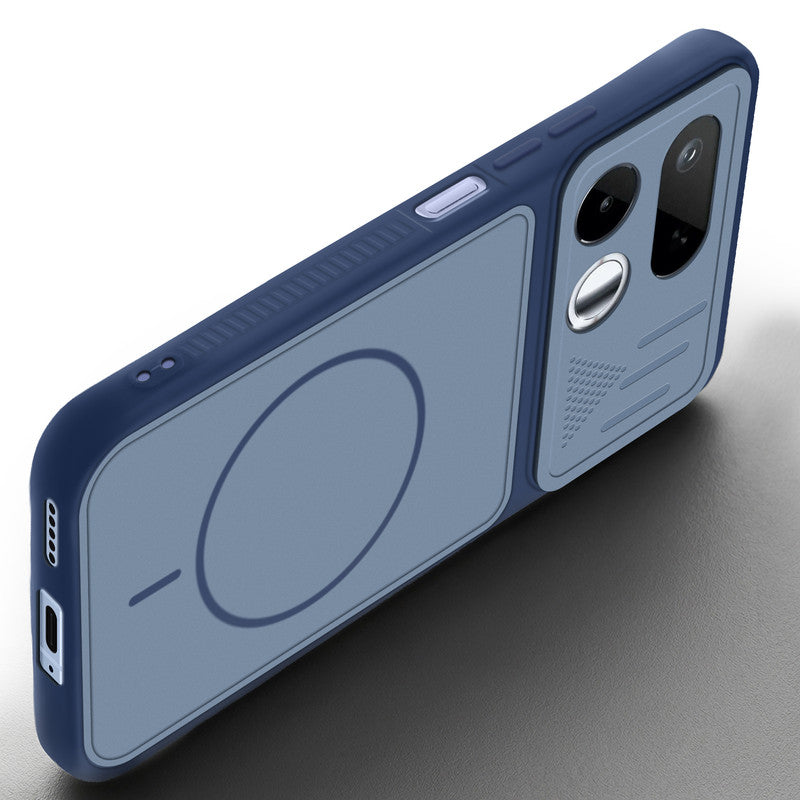 Angled view of Blue mobile case for Realme 16T 5G with proper charging port cutout, speaker holes and strong corner protection.