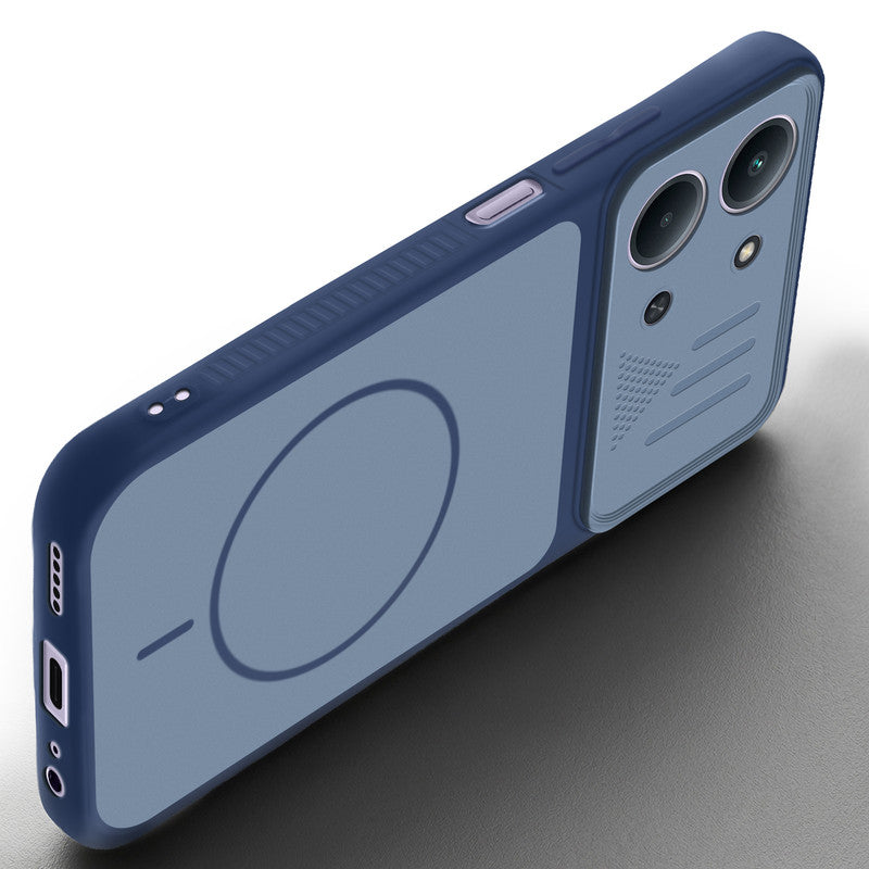 Angled view of Blue mobile case for Redmi 15C 5G with proper charging port cutout, speaker holes and strong corner protection.