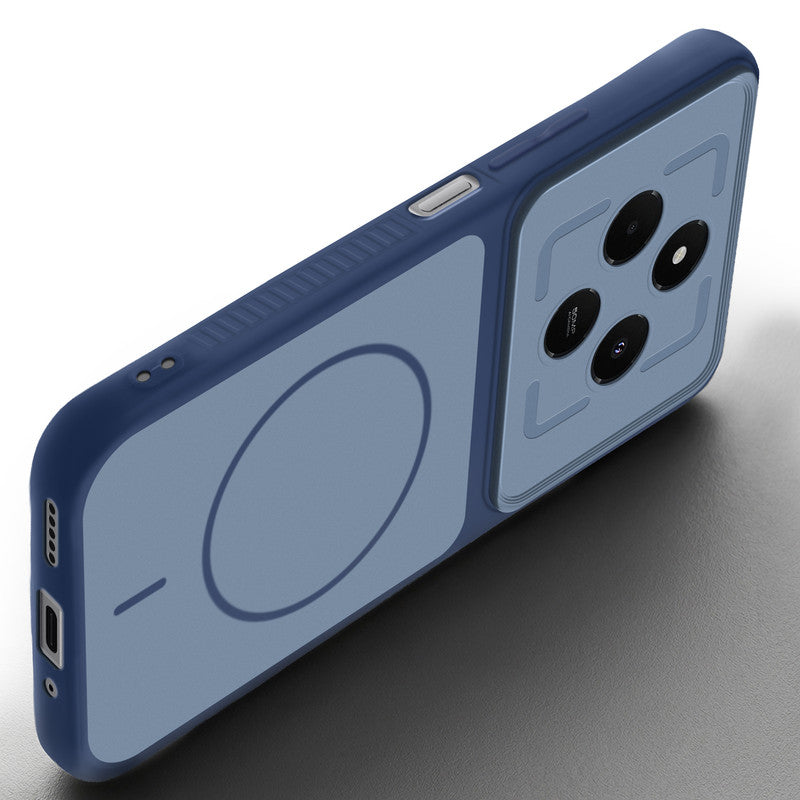 Angled view of Blue mobile case for Redmi A4 5G with proper charging port cutout, speaker holes and strong corner protection.
