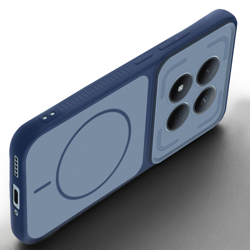 Angled view of Blue mobile case for Redmi Note 15 Pro 5G with proper charging port cutout, speaker holes and strong corner protection.