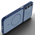 Angled view of Blue mobile case for Samsung A16 5G with proper charging port cutout, speaker holes and strong corner protection.