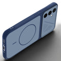 Angled view of Blue mobile case for Samsung A56 5G with proper charging port cutout, speaker holes and strong corner protection.