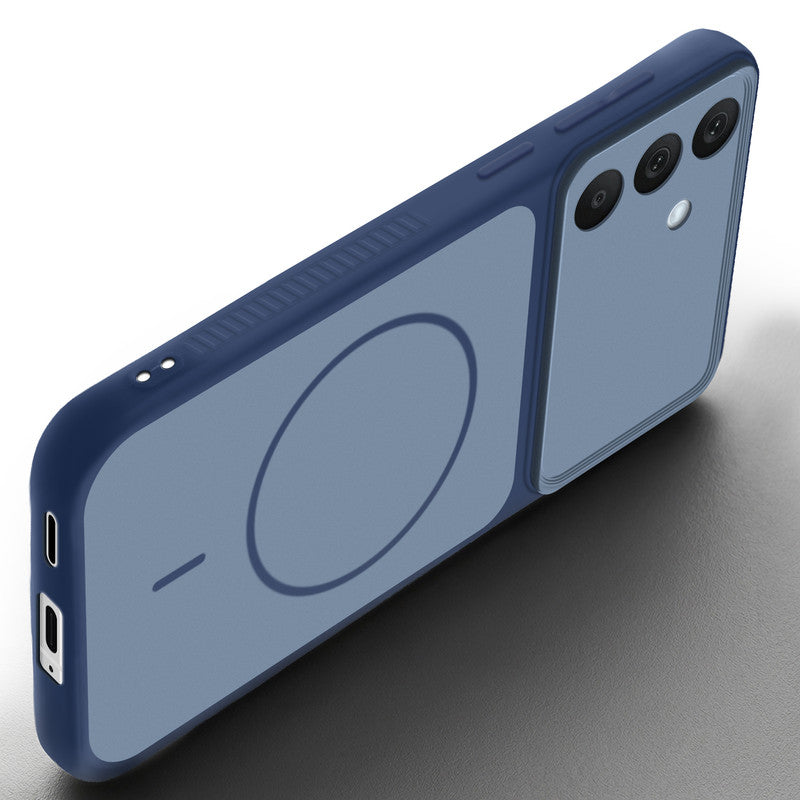 Angled view of Blue mobile case for Samsung A57 5G with proper charging port cutout, speaker holes and strong corner protection.