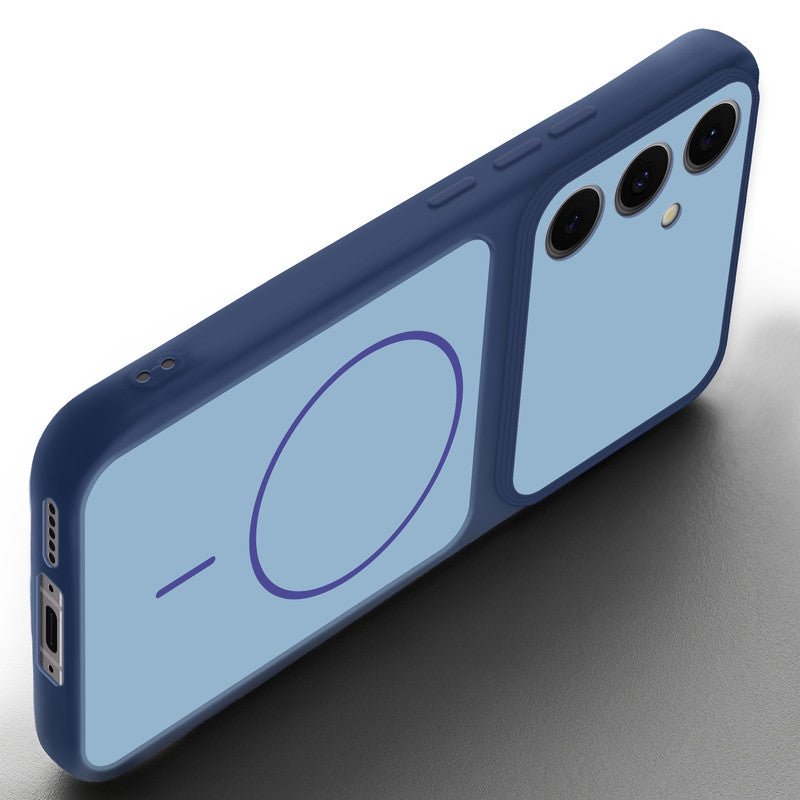 Angled view of Blue mobile case for Samsung S24 FE 5G with proper charging port cutout, speaker holes and strong corner protection.
