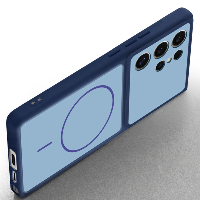 Angled view of Blue mobile case for Samsung S24 Ultra 5G with proper charging port cutout, speaker holes and strong corner protection.