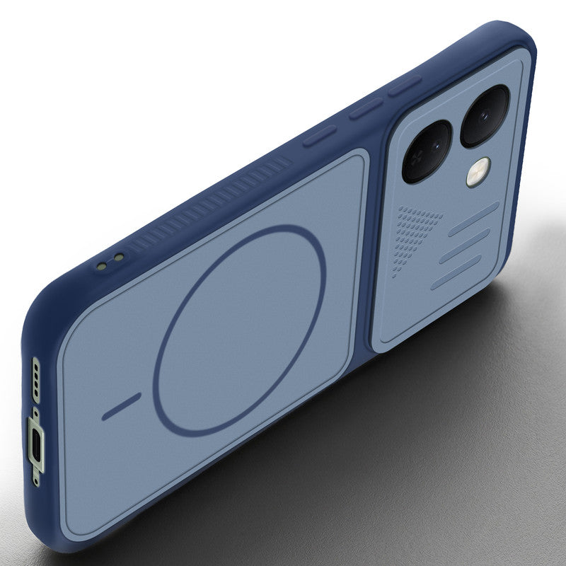 Angled view of Blue mobile case for Vivo S2 FE 5G with proper charging port cutout, speaker holes and strong corner protection.