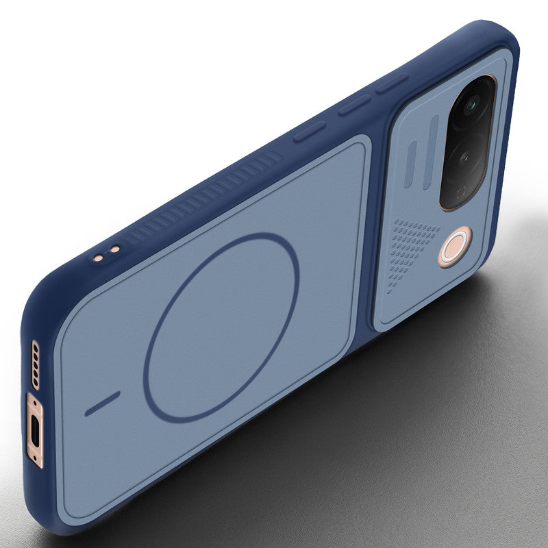 Angled view of Blue mobile case for Vivo T5 5G with proper charging port cutout, speaker holes and strong corner protection.