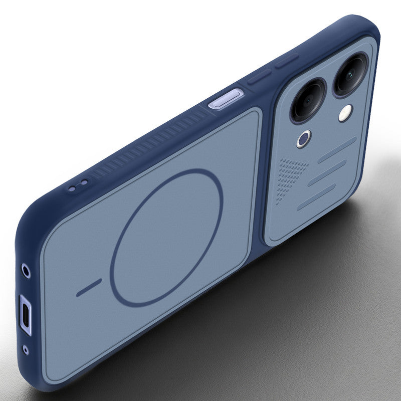 Angled view of Blue mobile case for Vivo T5 Lite 5G with proper charging port cutout, speaker holes and strong corner protection.