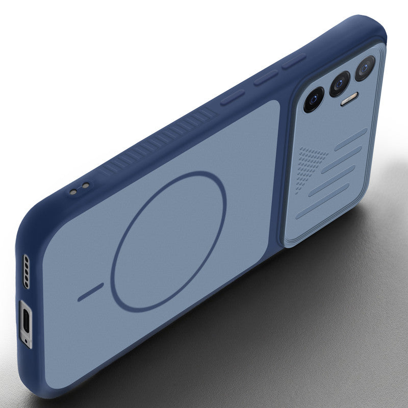 Angled view of Blue mobile case for Vivo V23e 5G with proper charging port cutout, speaker holes and strong corner protection.