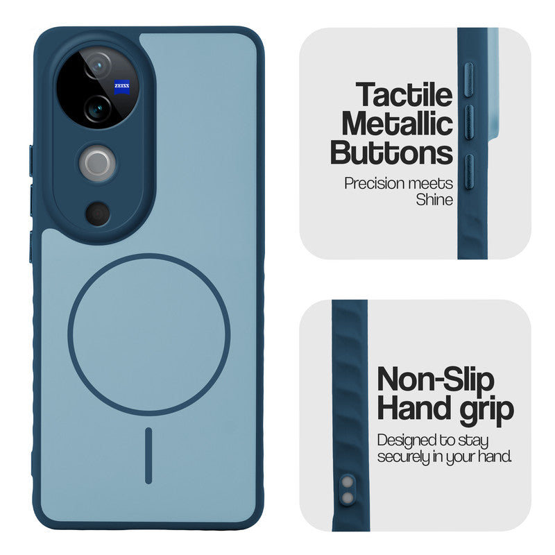 Matte Silicone Dual Color Back Cover with Metal Buttons & Ring Design for Vivo V40 5G