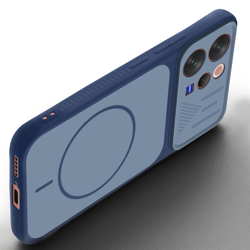 Angled view of Blue mobile case for Vivo V70 Elite 5G with proper charging port cutout, speaker holes and strong corner protection.