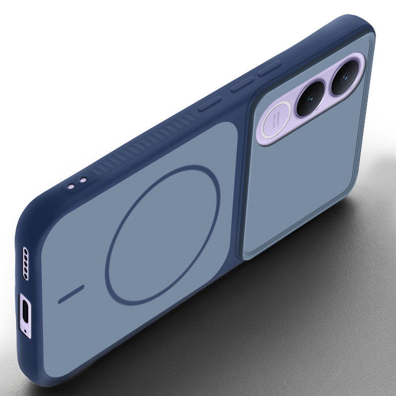 Angled view of Blue mobile case for Vivo V70 FE 5G with proper charging port cutout, speaker holes and strong corner protection.