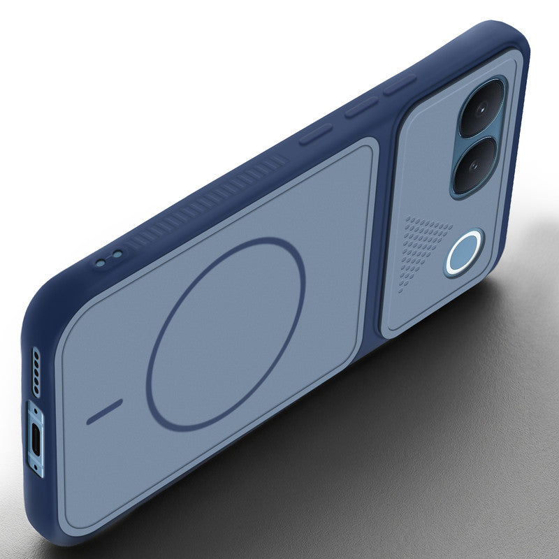 Angled view of Blue mobile case for Vivo V80 Lite 5G with proper charging port cutout, speaker holes and strong corner protection.